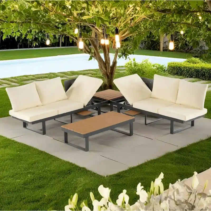 Ensemble de canapé d'angle modulable d'extérieur avec table basse, table d'appoint et sièges inclinables ajustables