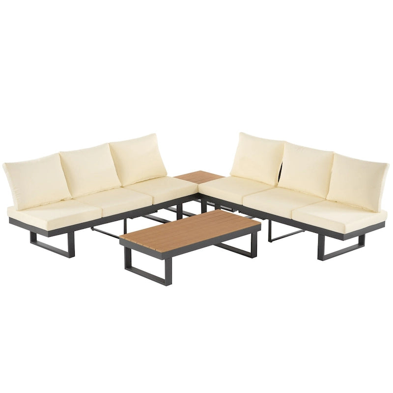 Ensemble de canapé d'angle modulable d'extérieur avec table basse, table d'appoint et sièges inclinables ajustables