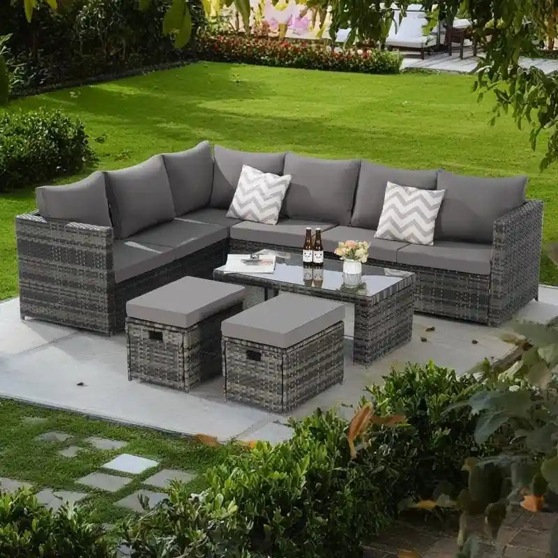 Ensemble de salon de jardin 6 pièces en rotin pour l'extérieur avec table basse en verre trempé