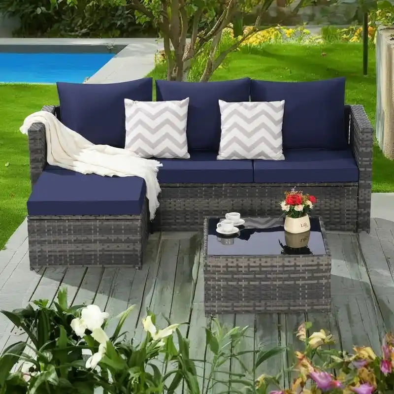 2-Pieces Outdoor Patio L-Shaped Sectional Sofa Set with Glass Coffee Table