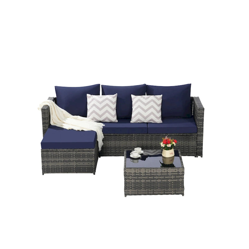Ensemble de canapé d'angle en forme de L 2 pièces pour extérieur avec table basse en verre