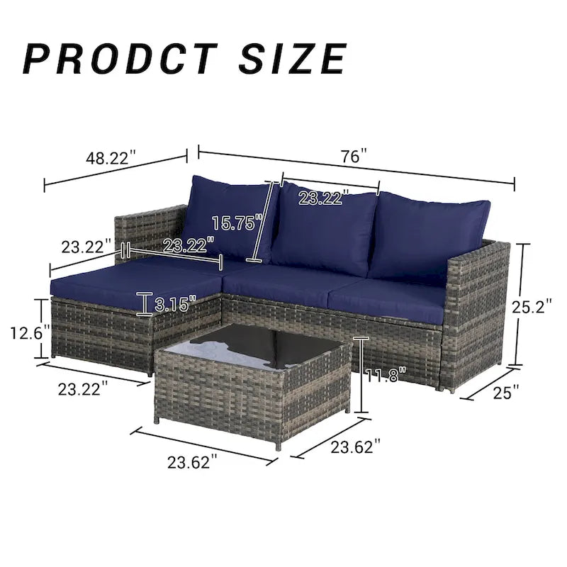 Ensemble de canapé d'angle en forme de L 2 pièces pour extérieur avec table basse en verre