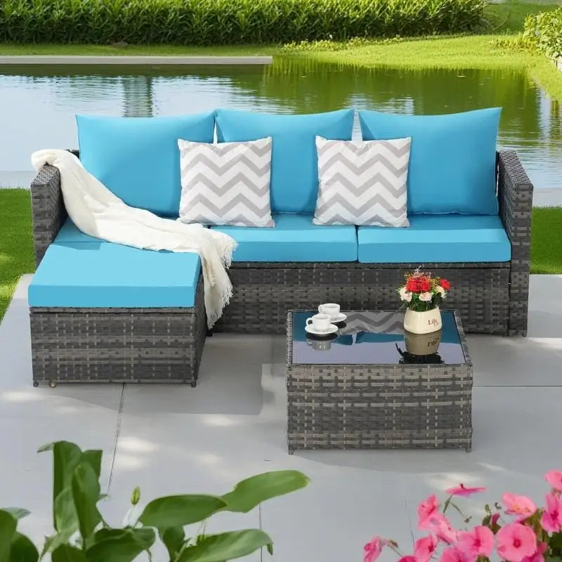Ensemble de canapé d'angle en forme de L 2 pièces pour extérieur avec table basse en verre