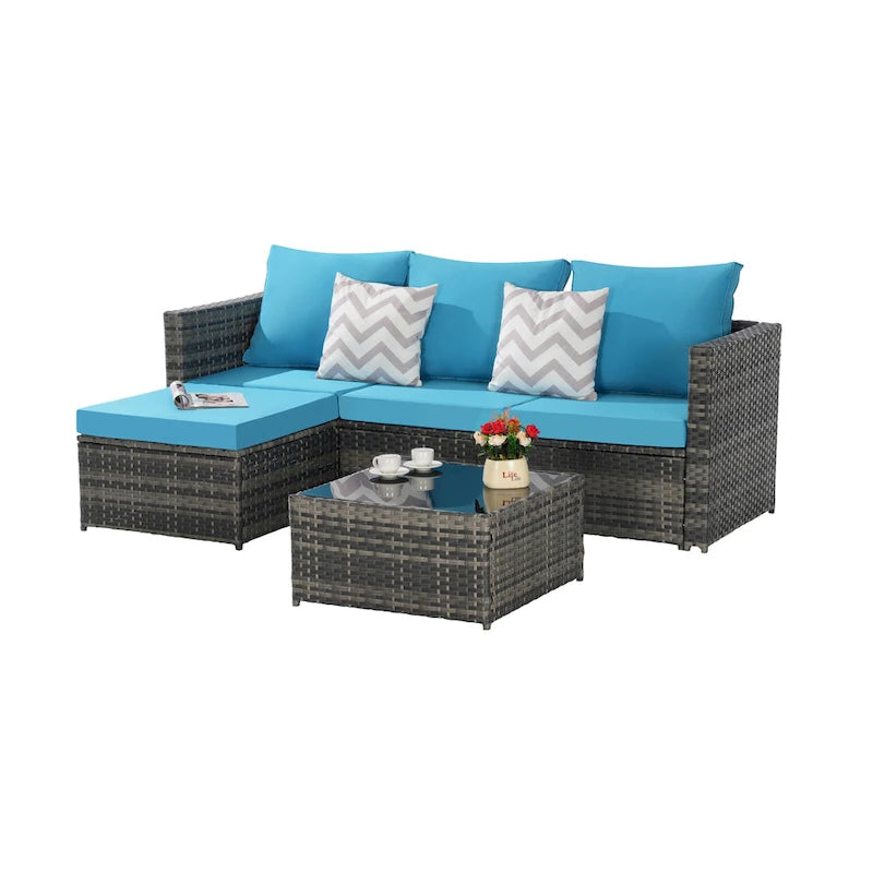 Ensemble de canapé d'angle en forme de L 2 pièces pour extérieur avec table basse en verre