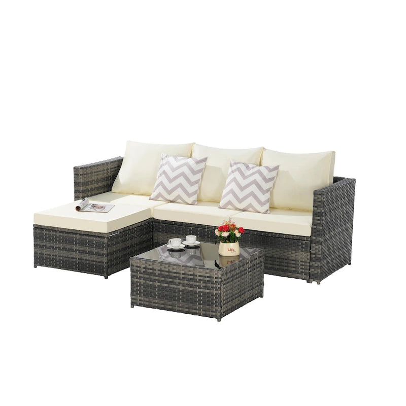 Ensemble de canapé d'angle en forme de L 2 pièces pour extérieur avec table basse en verre
