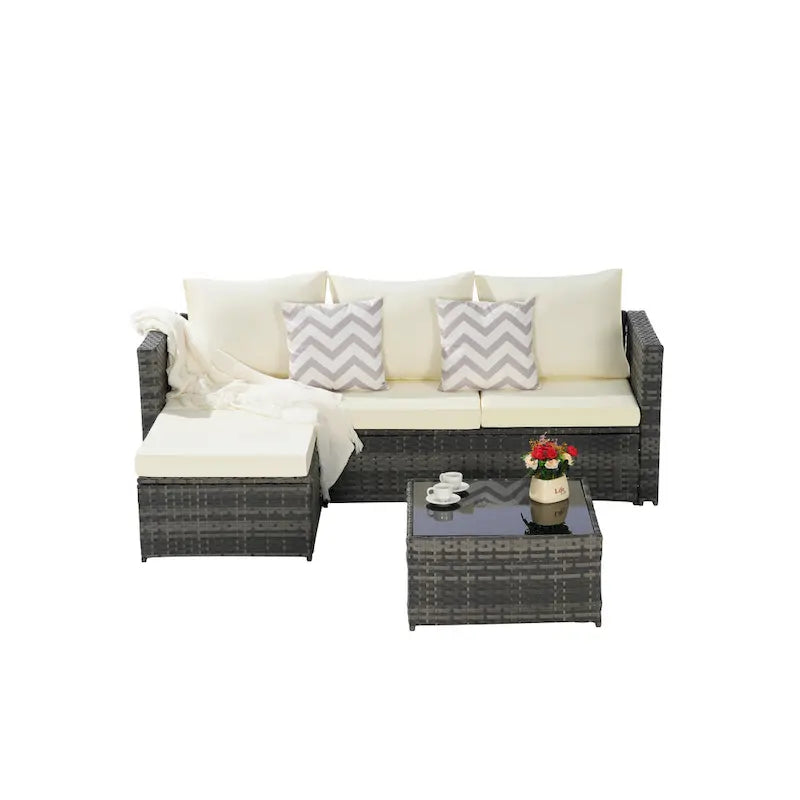 Ensemble de canapé d'angle en forme de L 2 pièces pour extérieur avec table basse en verre