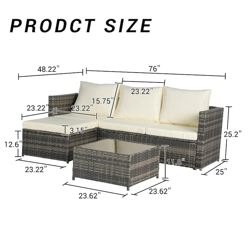 Ensemble de canapé d'angle en forme de L 2 pièces pour extérieur avec table basse en verre