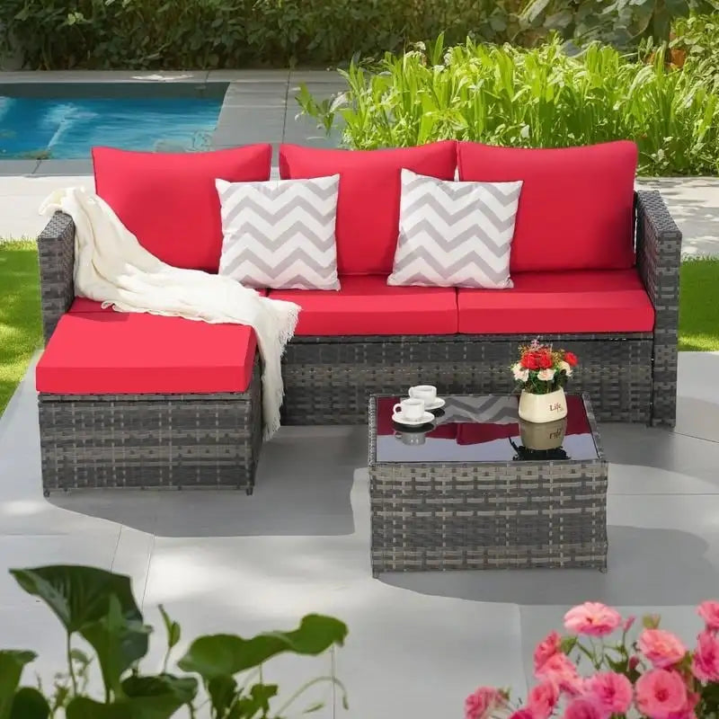 Ensemble de canapé d'angle en forme de L 2 pièces pour extérieur avec table basse en verre