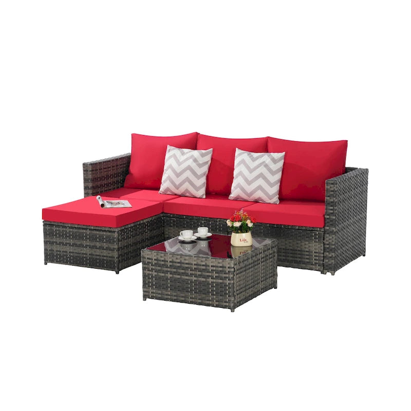 Ensemble de canapé d'angle en forme de L 2 pièces pour extérieur avec table basse en verre