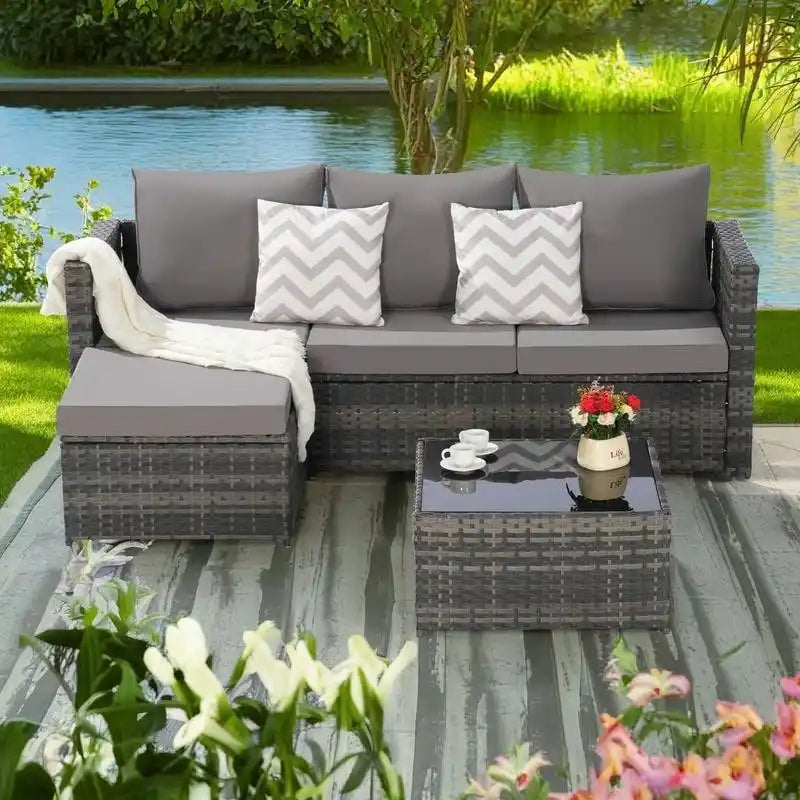 Ensemble de canapé d'angle en forme de L 2 pièces pour extérieur avec table basse en verre