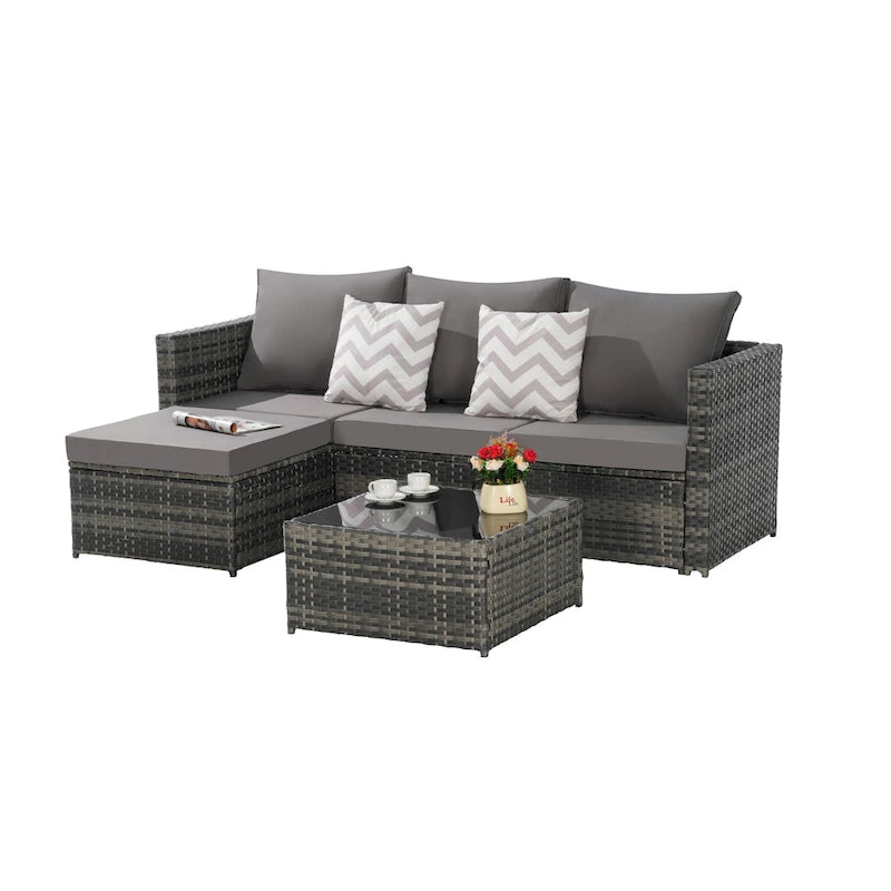 Ensemble de canapé d'angle en forme de L 2 pièces pour extérieur avec table basse en verre