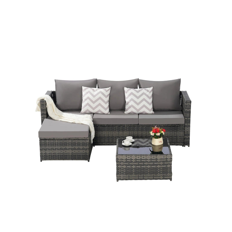 Ensemble de canapé d'angle en forme de L 2 pièces pour extérieur avec table basse en verre