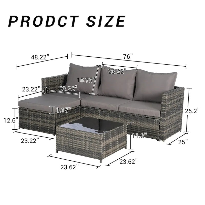 Ensemble de canapé d'angle en forme de L 2 pièces pour extérieur avec table basse en verre