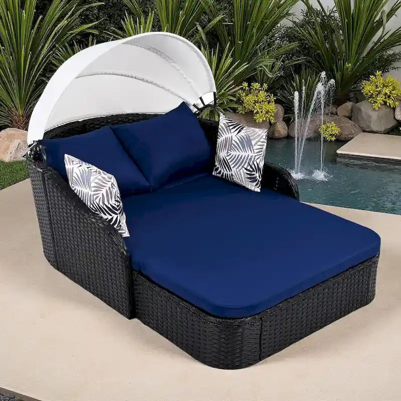 79.9 Lit de repos/bain de soleil en rotin PE pour terrasse extérieure avec auvent réglable