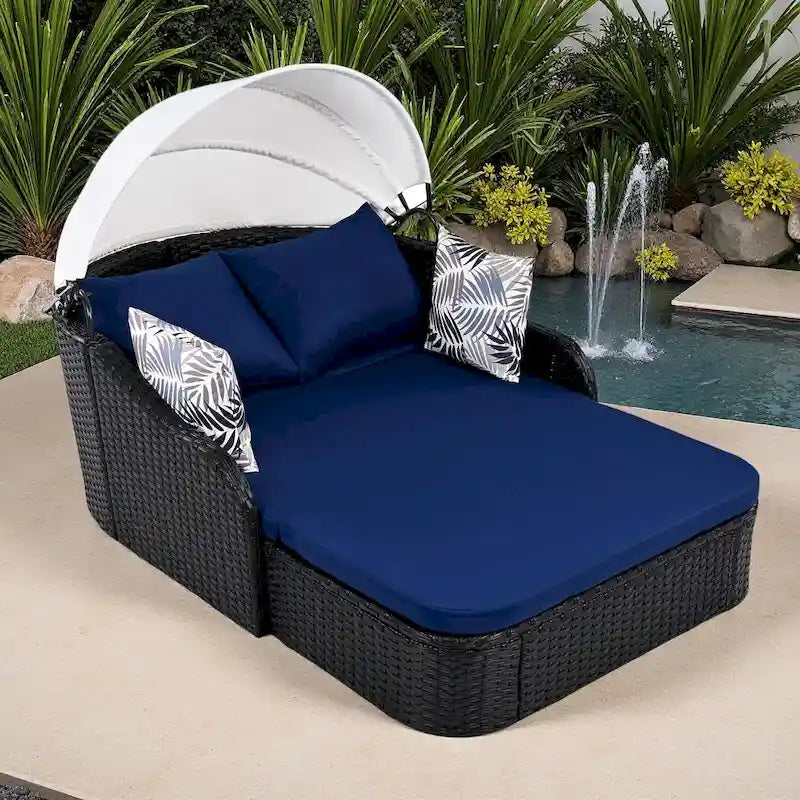 79.9 Outdoor Patio PE Rattan Daybed Sunbed with Adjustable Canopy