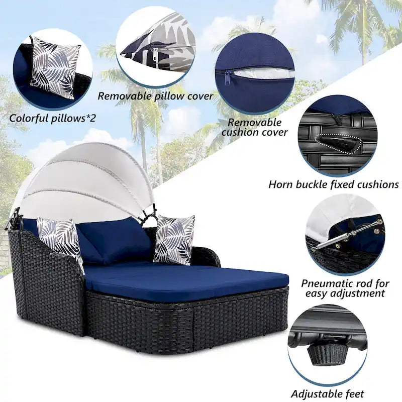 79.9 Lit de repos/bain de soleil en rotin PE pour terrasse extérieure avec auvent réglable