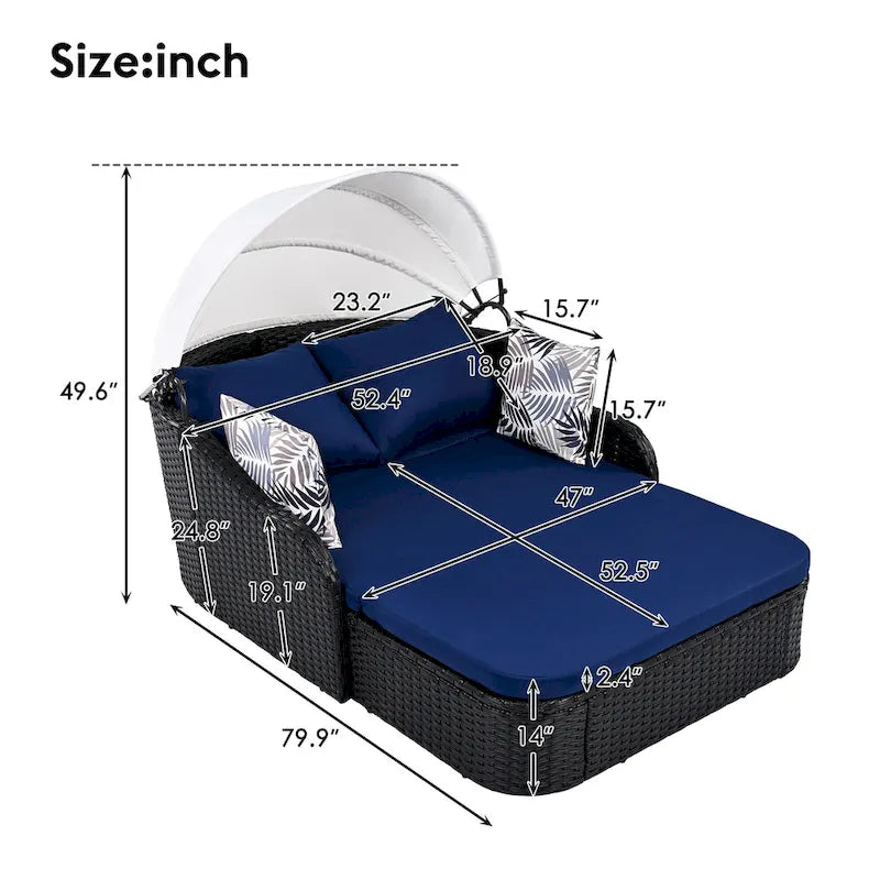79.9 Lit de repos/bain de soleil en rotin PE pour terrasse extérieure avec auvent réglable