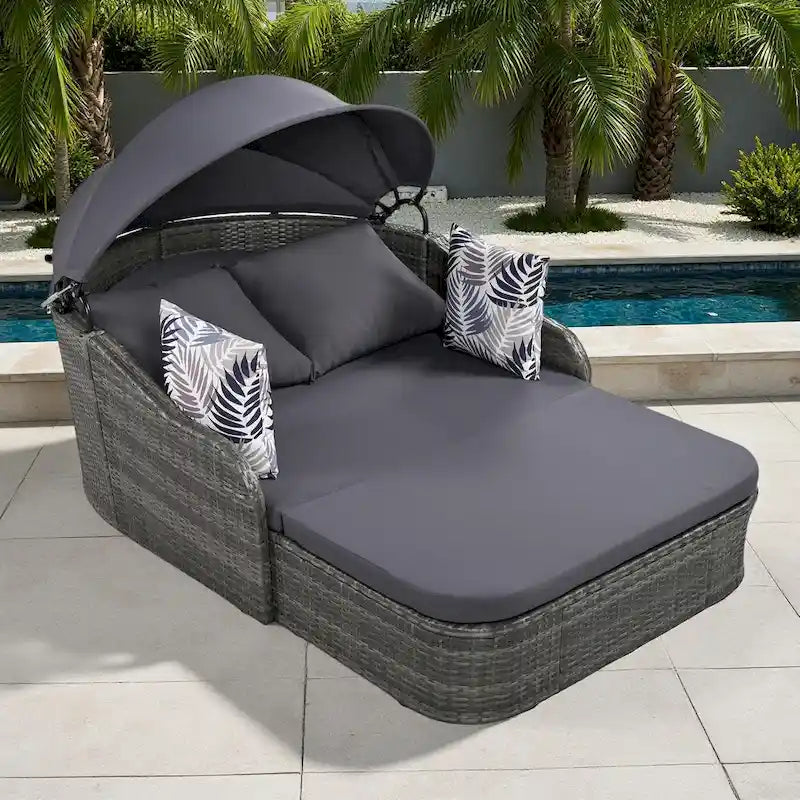 79.9 Lit de repos/bain de soleil en rotin PE pour terrasse extérieure avec auvent réglable
