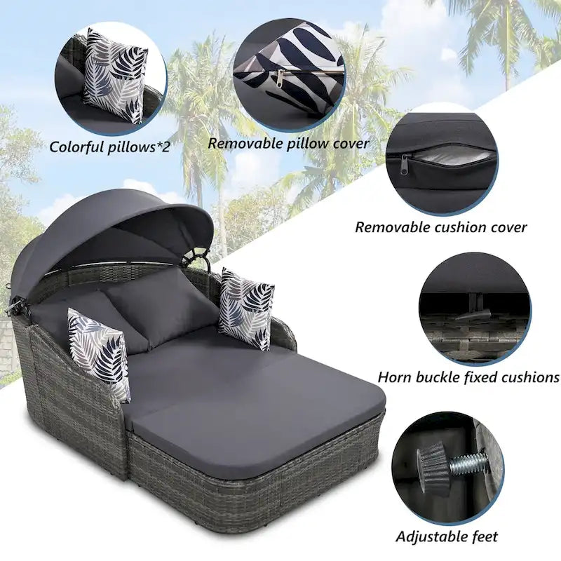 79.9 Lit de repos/bain de soleil en rotin PE pour terrasse extérieure avec auvent réglable
