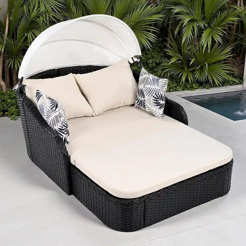 79.9 Lit de repos/bain de soleil en rotin PE pour terrasse extérieure avec auvent réglable