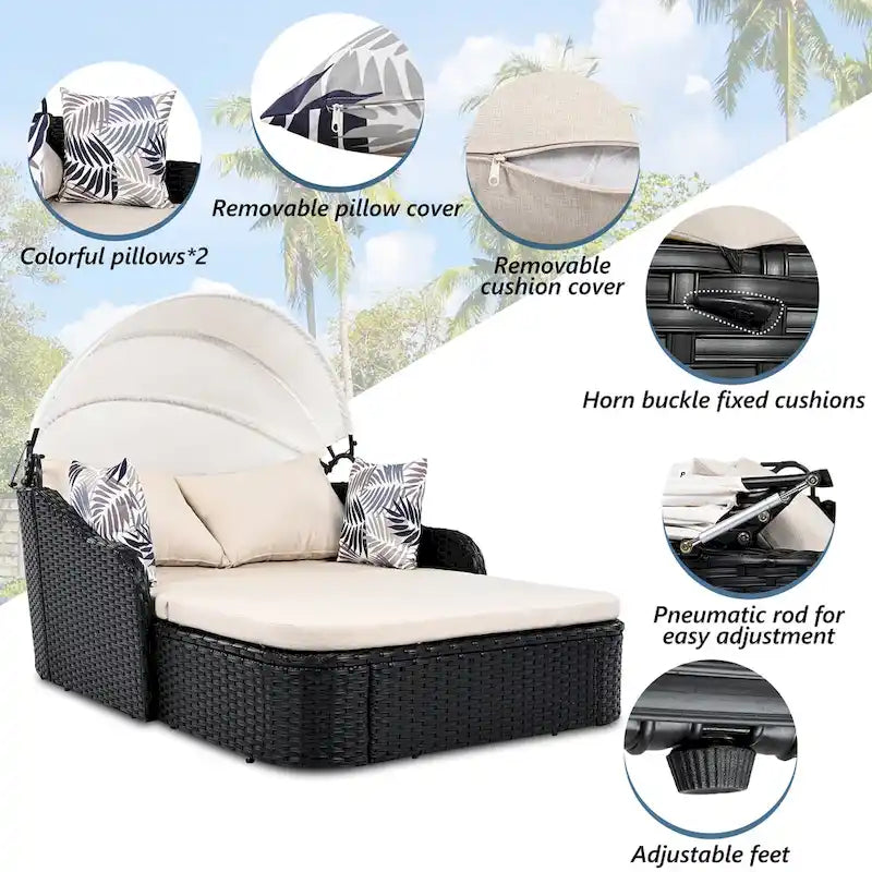 79.9 Lit de repos/bain de soleil en rotin PE pour terrasse extérieure avec auvent réglable