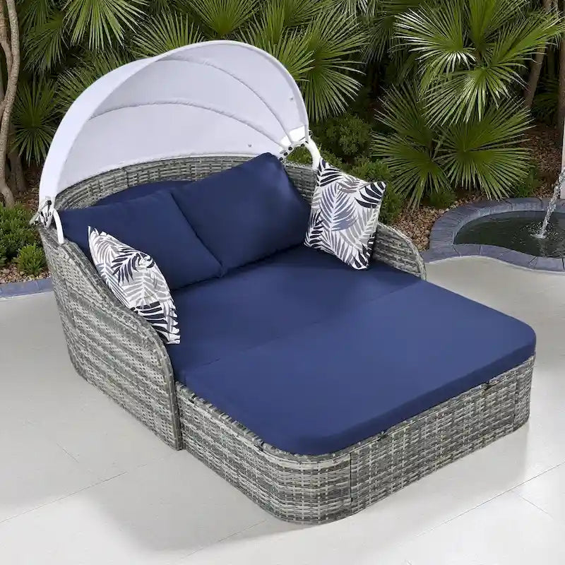 79.9 Lit de repos/bain de soleil en rotin PE pour terrasse extérieure avec auvent réglable
