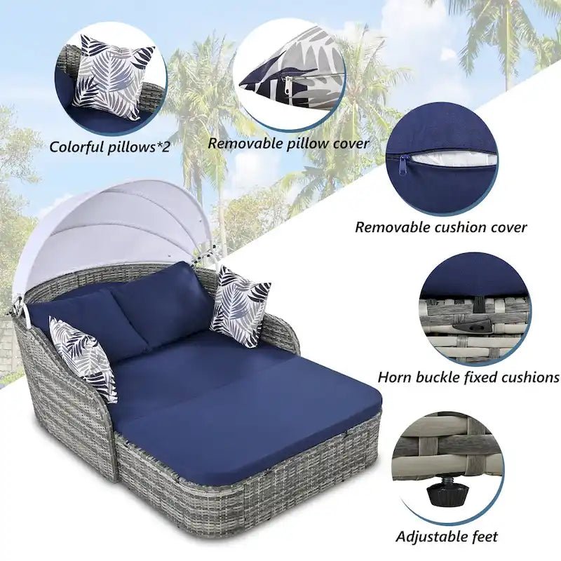 79.9 Lit de repos/bain de soleil en rotin PE pour terrasse extérieure avec auvent réglable