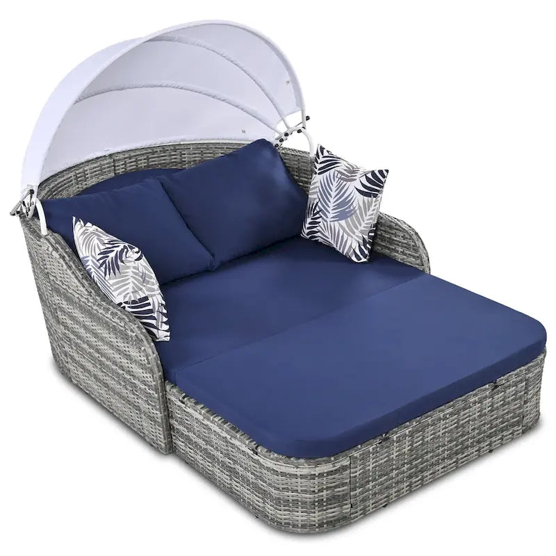 79.9 Lit de repos/bain de soleil en rotin PE pour terrasse extérieure avec auvent réglable