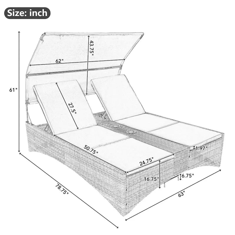 Lit de repos/Bain de soleil en rotin pour l'extérieur avec auvent, dossier réglable, coffre de rangement et 2 porte-gobelets