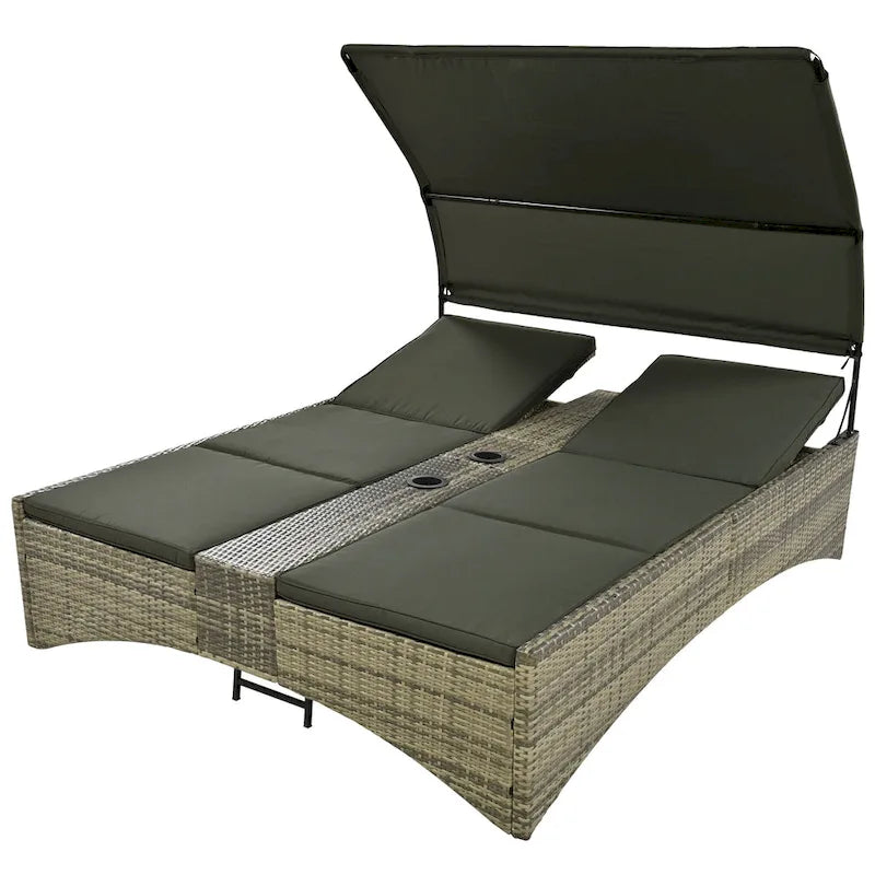 Lit de repos/Bain de soleil en rotin pour l'extérieur avec auvent, dossier réglable, coffre de rangement et 2 porte-gobelets