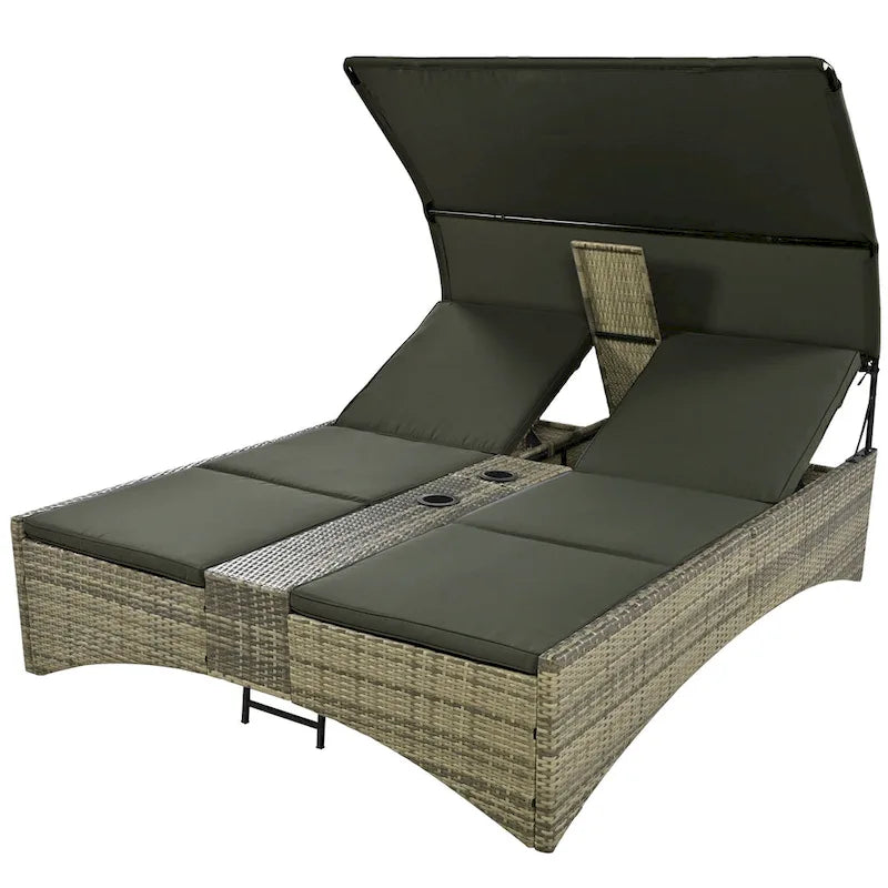 Lit de repos/Bain de soleil en rotin pour l'extérieur avec auvent, dossier réglable, coffre de rangement et 2 porte-gobelets