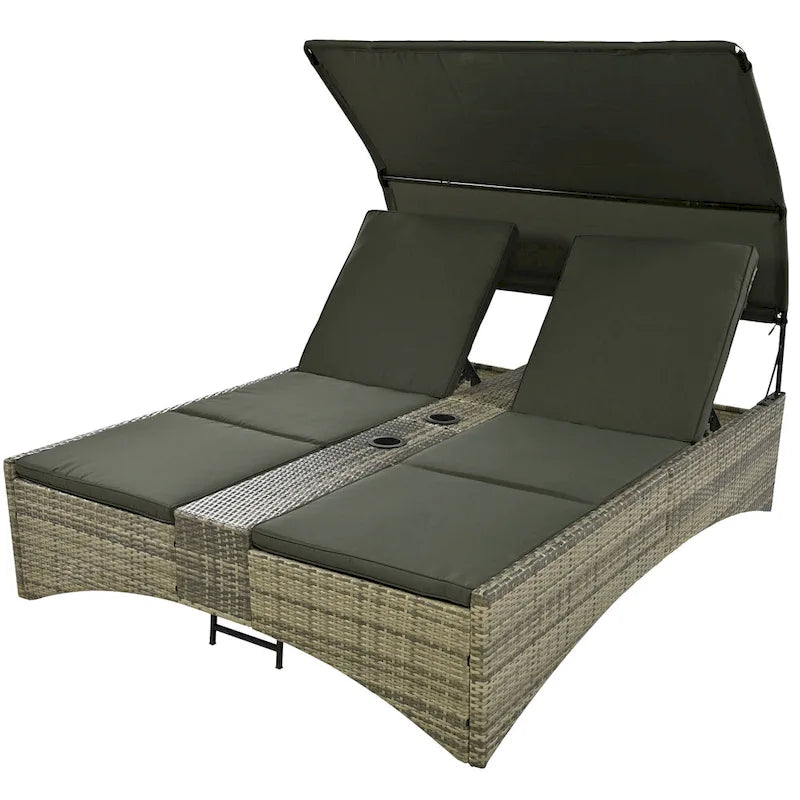 Lit de repos/Bain de soleil en rotin pour l'extérieur avec auvent, dossier réglable, coffre de rangement et 2 porte-gobelets