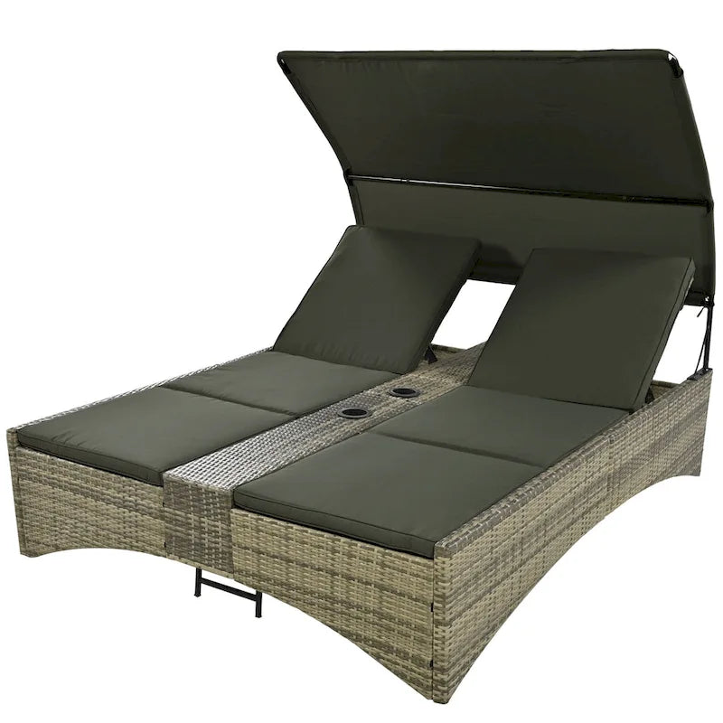 Lit de repos/Bain de soleil en rotin pour l'extérieur avec auvent, dossier réglable, coffre de rangement et 2 porte-gobelets
