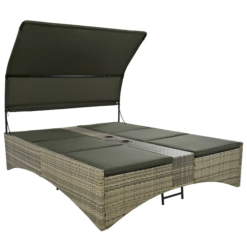 Lit de repos/Bain de soleil en rotin pour l'extérieur avec auvent, dossier réglable, coffre de rangement et 2 porte-gobelets