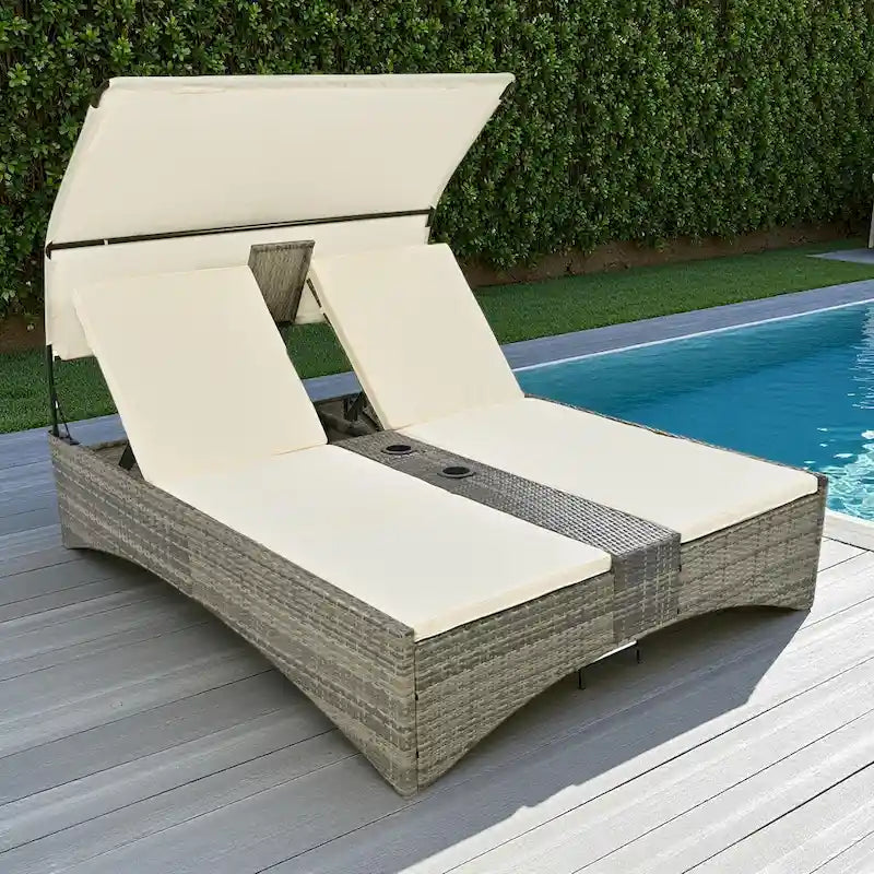 Lit de repos/Bain de soleil en rotin pour l'extérieur avec auvent, dossier réglable, coffre de rangement et 2 porte-gobelets
