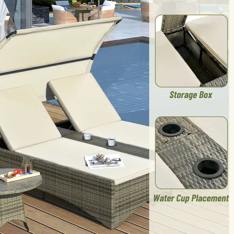 Lit de repos/Bain de soleil en rotin pour l'extérieur avec auvent, dossier réglable, coffre de rangement et 2 porte-gobelets
