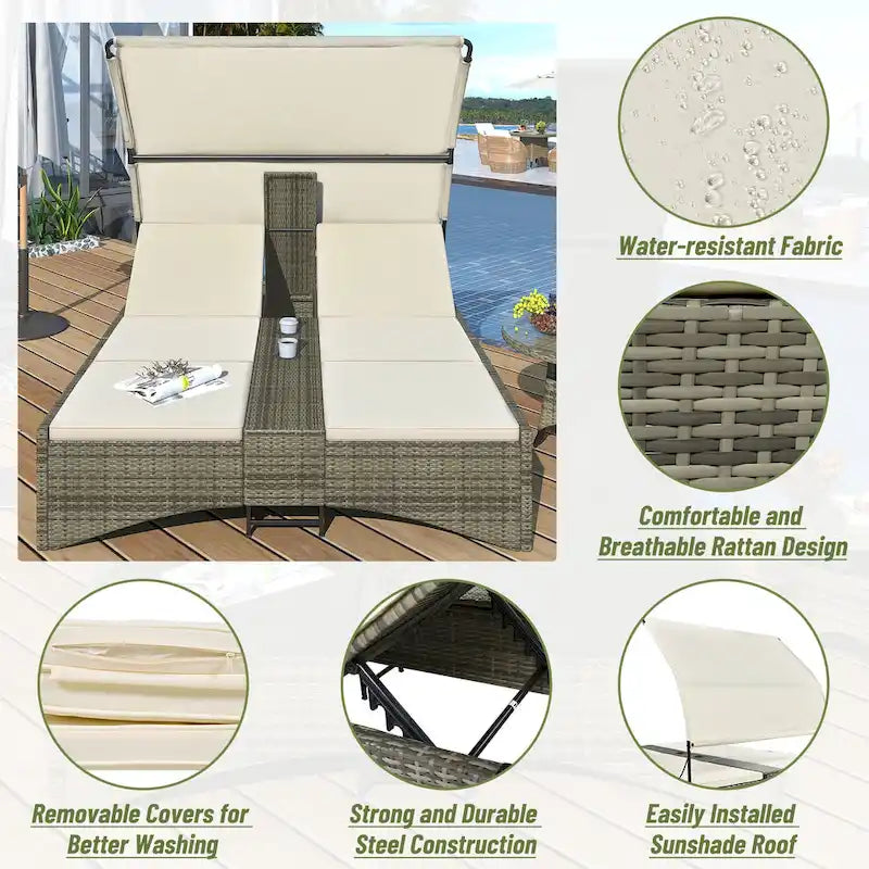 Lit de repos/Bain de soleil en rotin pour l'extérieur avec auvent, dossier réglable, coffre de rangement et 2 porte-gobelets