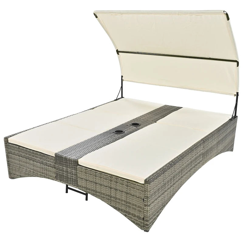 Lit de repos/Bain de soleil en rotin pour l'extérieur avec auvent, dossier réglable, coffre de rangement et 2 porte-gobelets