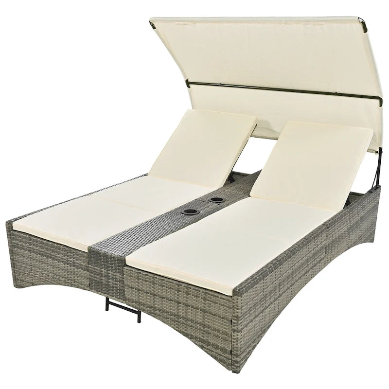 Lit de repos/Bain de soleil en rotin pour l'extérieur avec auvent, dossier réglable, coffre de rangement et 2 porte-gobelets