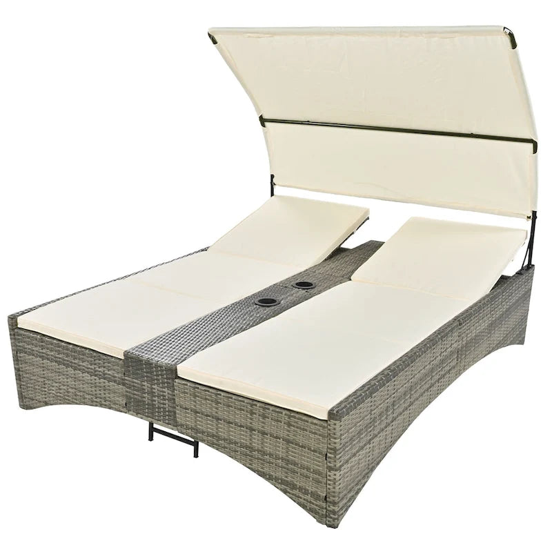 Lit de repos/Bain de soleil en rotin pour l'extérieur avec auvent, dossier réglable, coffre de rangement et 2 porte-gobelets