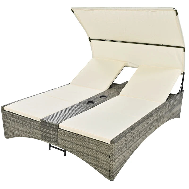 Lit de repos/Bain de soleil en rotin pour l'extérieur avec auvent, dossier réglable, coffre de rangement et 2 porte-gobelets