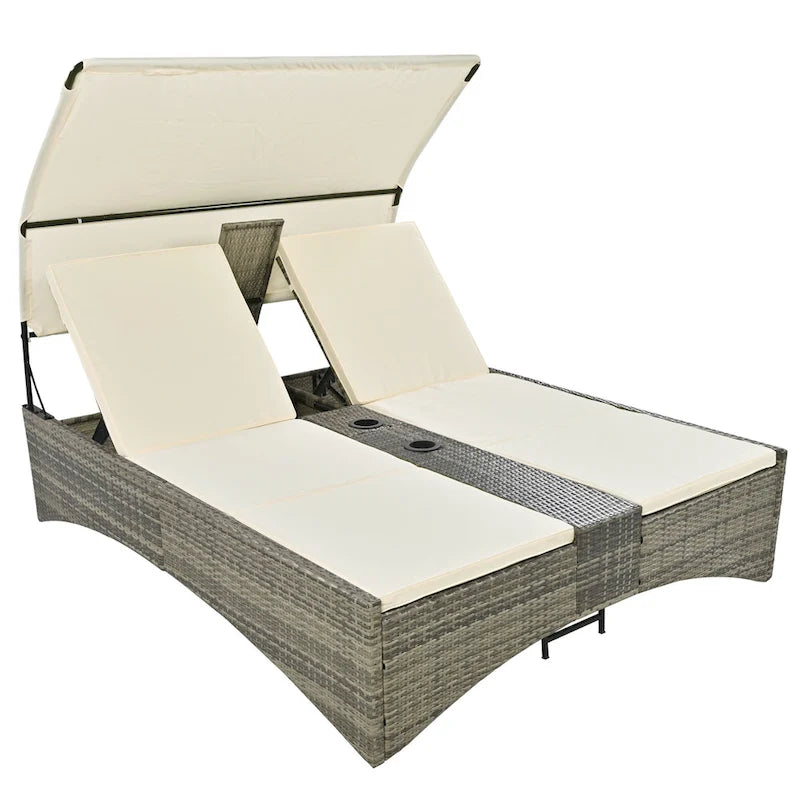 Lit de repos/Bain de soleil en rotin pour l'extérieur avec auvent, dossier réglable, coffre de rangement et 2 porte-gobelets