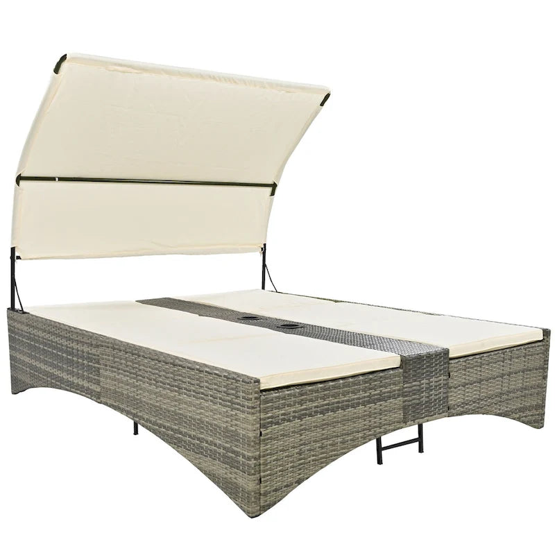Lit de repos/Bain de soleil en rotin pour l'extérieur avec auvent, dossier réglable, coffre de rangement et 2 porte-gobelets