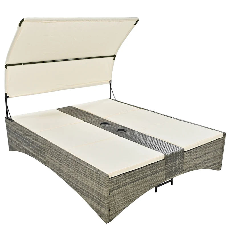 Lit de repos/Bain de soleil en rotin pour l'extérieur avec auvent, dossier réglable, coffre de rangement et 2 porte-gobelets