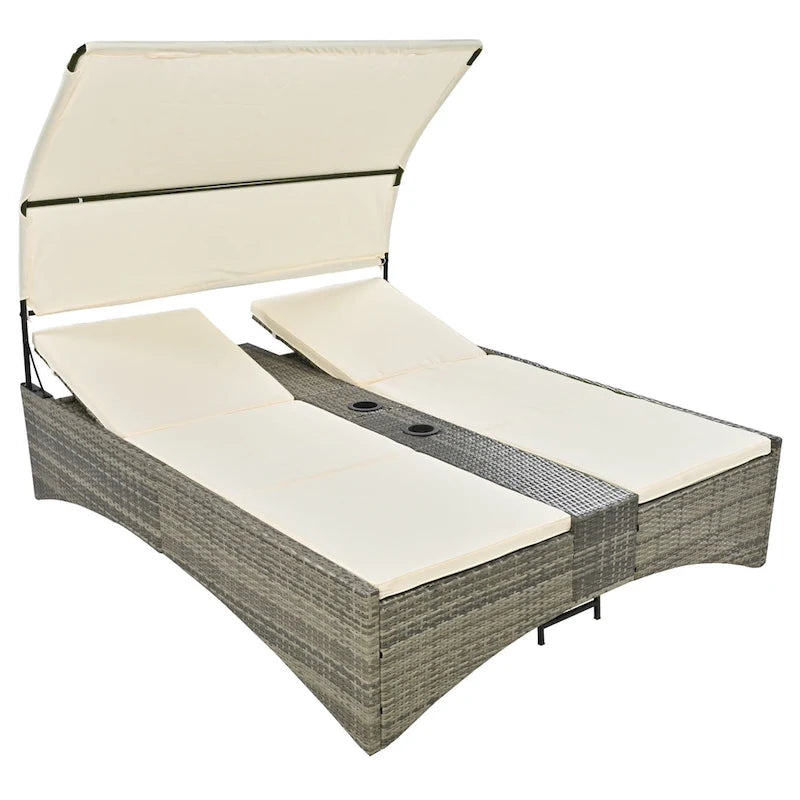 Lit de repos/Bain de soleil en rotin pour l'extérieur avec auvent, dossier réglable, coffre de rangement et 2 porte-gobelets