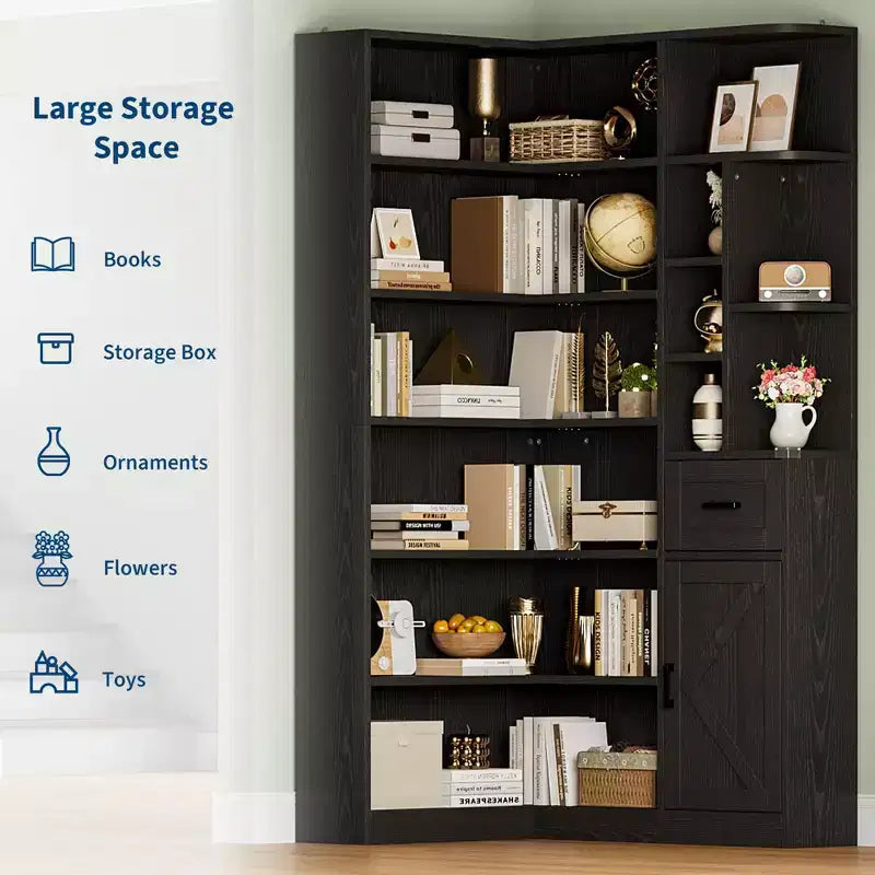 Étagère d'angle, étagères d'angle hautes de 74 po, bibliothèque en L à 6 niveaux avec étagères ouvertes et tiroirs de rangement pour le salon ou le bureau à domicile