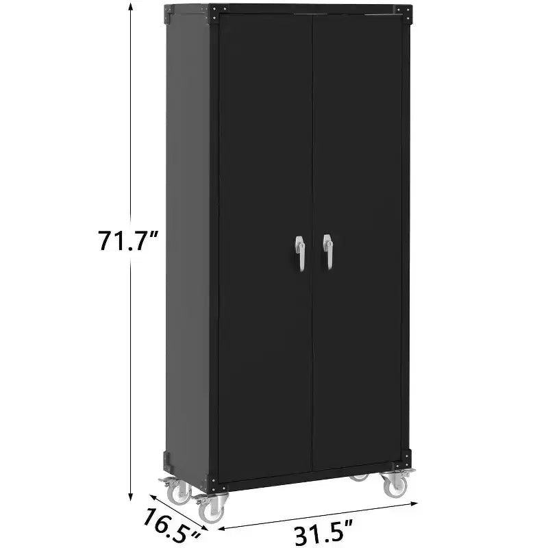 Armoire de rangement de garage avec roues et panneau perforé, armoire de rangement métallique verrouillable de 72 po de hauteur avec 2 portes et 4 étagères réglables pour atelier de garage