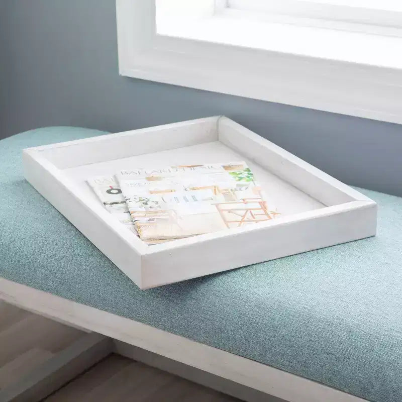 Banc capitonné de rangement moderne avec plateau, délavé et sarcelle