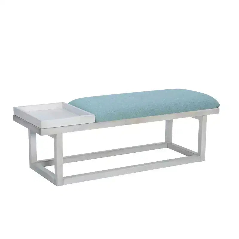 Banc capitonné de rangement moderne avec plateau, délavé et sarcelle