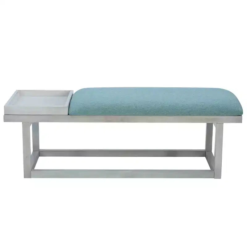 Banc capitonné de rangement moderne avec plateau, délavé et sarcelle